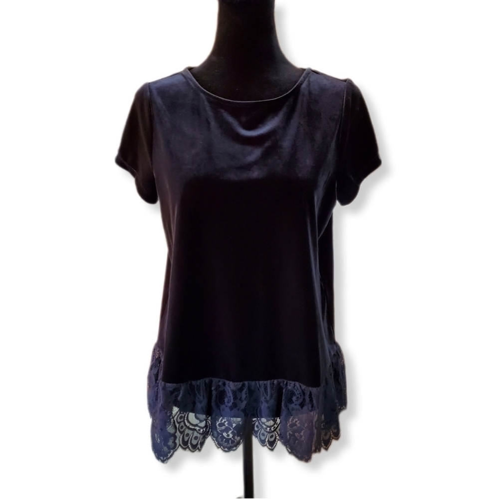 Adrianna Papell Black Velvet and Lace Short Sleeve Top Sz S